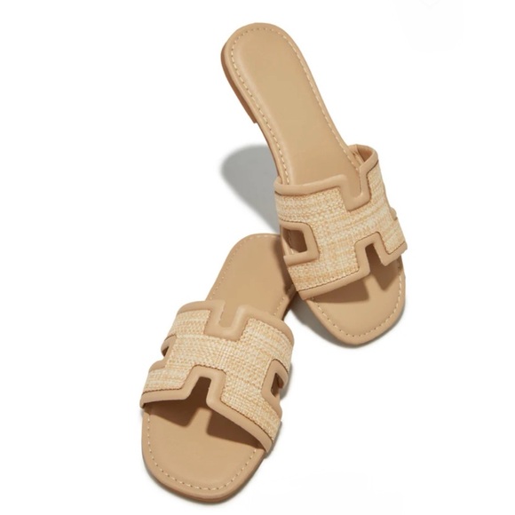 Nude With Raffia H Band Detail Sandals - Picture 2 of 7